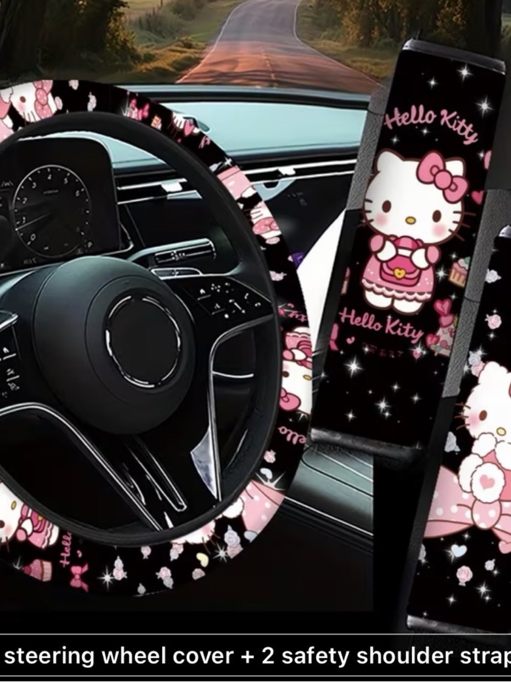 Hello Kitty Black & Pink Steering Wheel Cover with Matching Seatbelt Pads